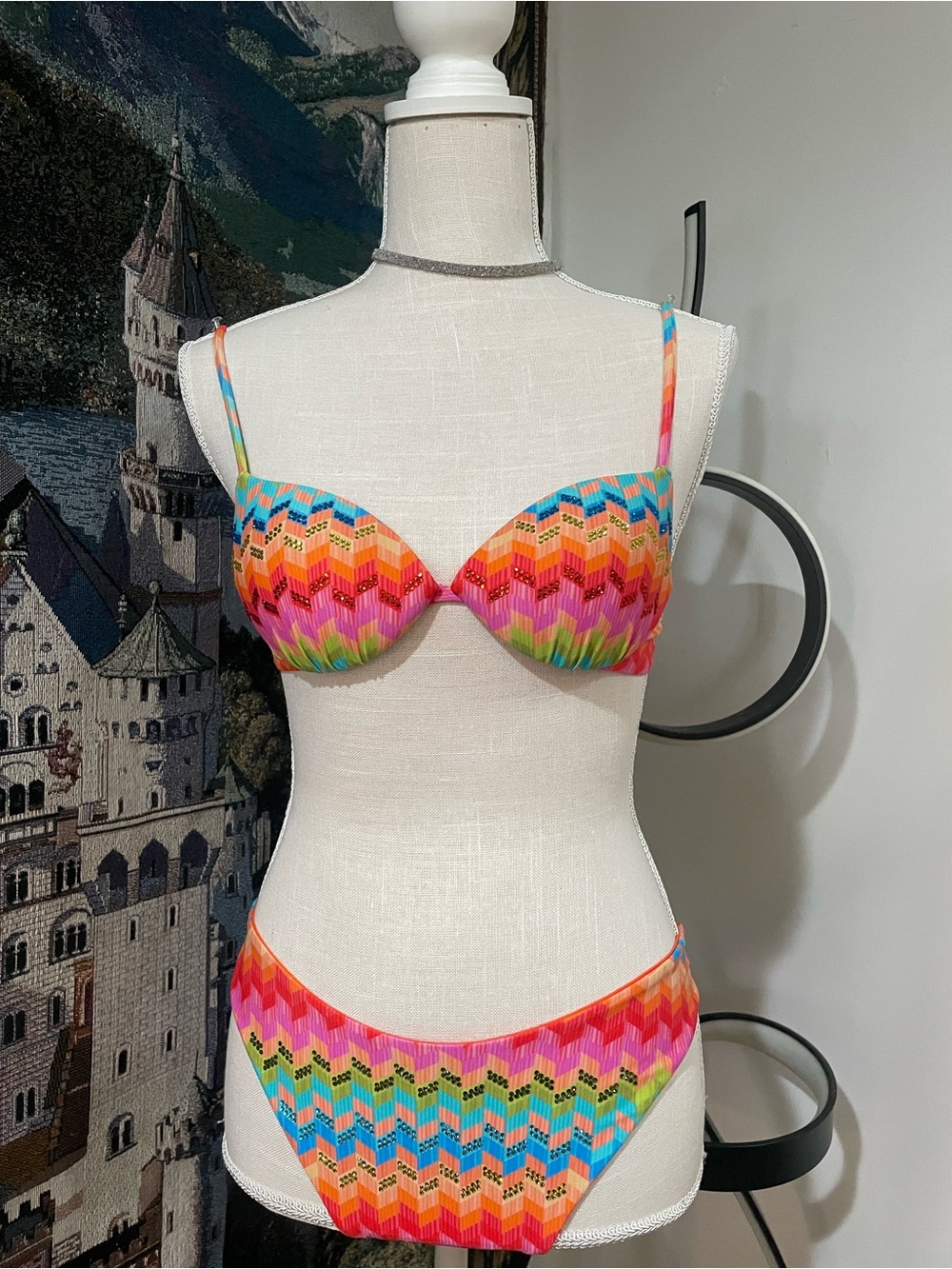 Rhinestone embellished Calzedonia Colorful Chevron Push-Up Bikini Set